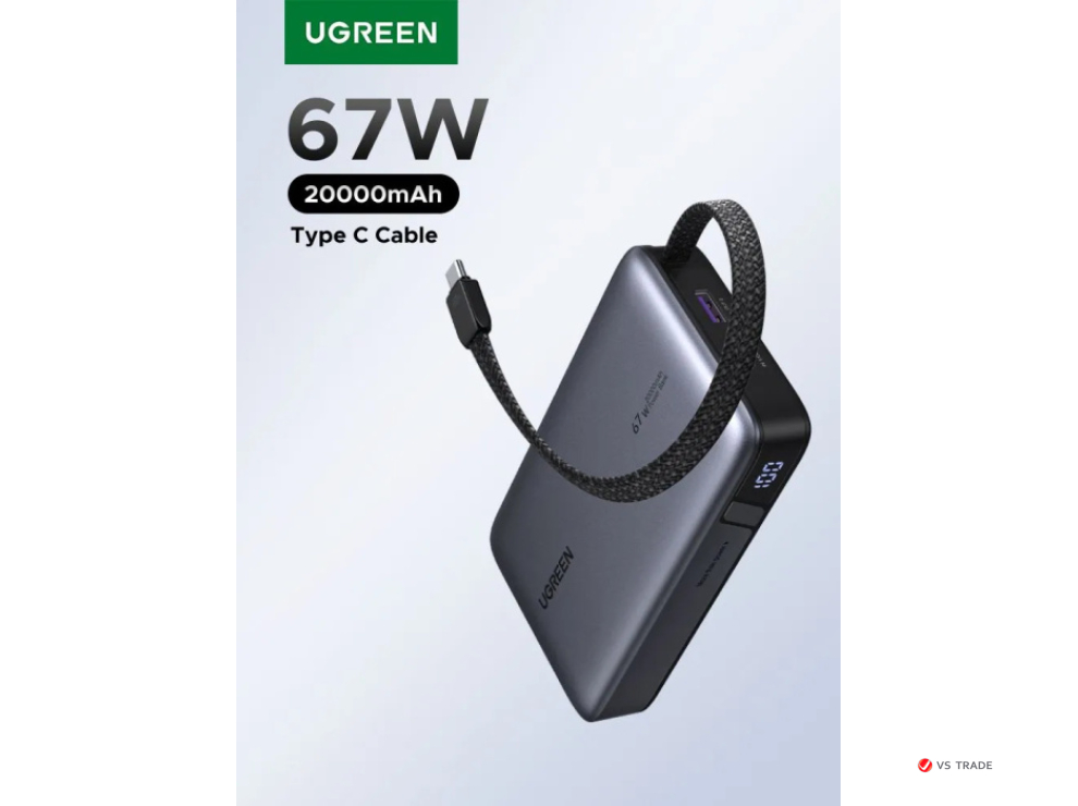 Пауэрбанк UGREEN PB550 55996B 20000mAh 67W 1C1A Power Bank with 1*67W Built-in Cable
