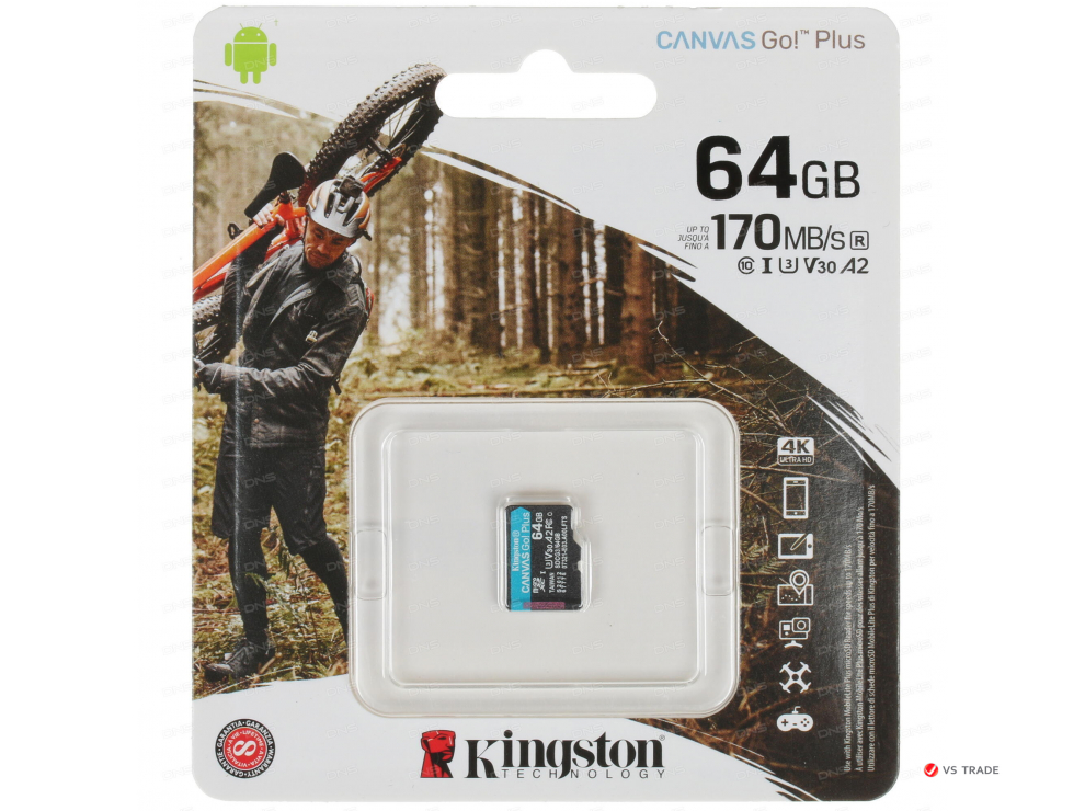 Карта памяти Kingston 64GB microSDXC Canvas Go Plus 170R A2 U3 V30 Card,без адаптера, SDCG3/64GBSP