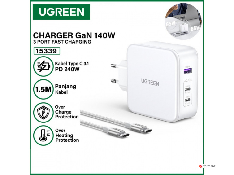 Зарядное устройство Ugreen CD289 Nexode 140W 3-Port PD GaN Fast Charger EU (White), 15339