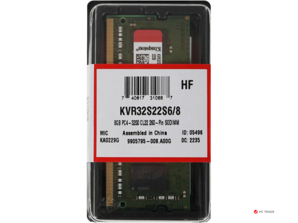 ОЗУ для ноутбука Kingston 8Gb/3200MHz CL22, 1.2V, KVR32S22S6/8