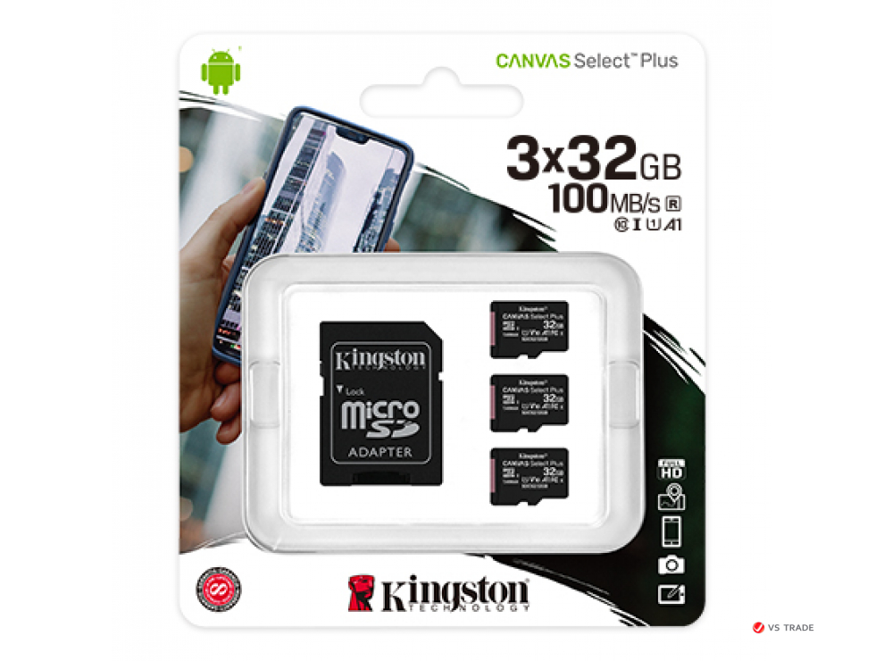 Карта памяти Kingston 32GB micro SDHC Canvas Select Plus 100R A1 C10 Three Pack + Single ADP, SDCS2/32GB-3P1A