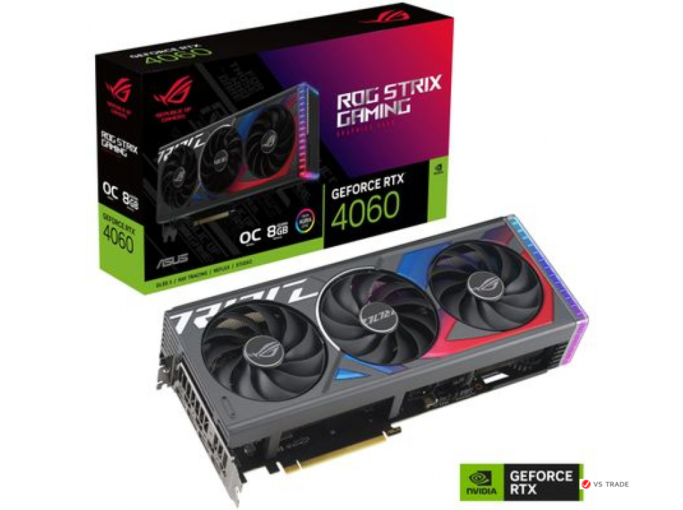 Видеокарта ASUS ROG-STRIX-RTX4060-O8G-GAMING, 8Gb GDDR6, 128 Bit, 3072 Cuda Core, 1xHDMI, 3xDP, BOX
