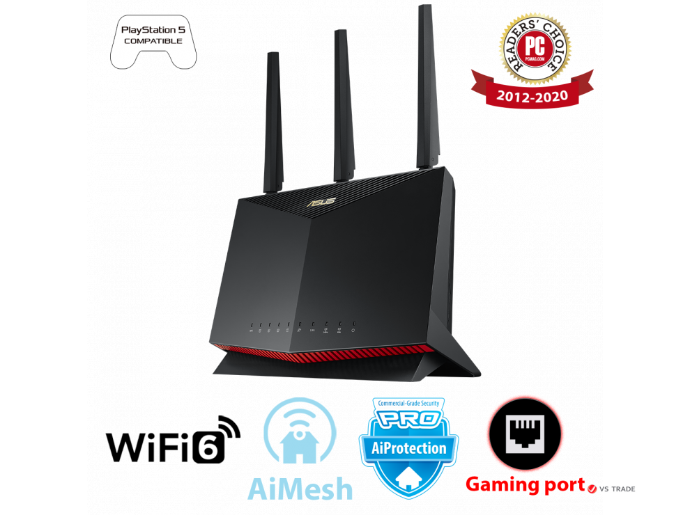 Двухдиапазонный игровой маршрутизатор ASUS RT-AX86U:совместимость с PS 5, AiMesh, 2.5G Ethernet,Adaptive OoS