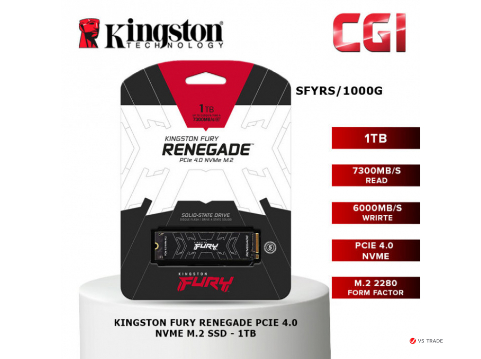 Твердотельный накопитель Kingston Fury SFYRS/1000G M2. 1 Tb, 2280 PCI-E 4.0 x4, Read 6000 Mb/s, Write 7300 Mb/s