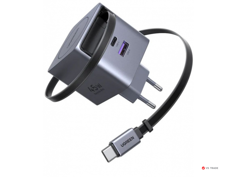 Зарядное устройство UGREEN X614  45W 2C1A GaN Fast Charger with Retractable Cable USB-C, 65822