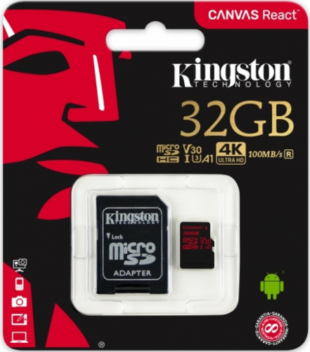 Карта памяти Kingston 32GB microSDHC Canvas React 100R/70W U3 UHS-I V30 A1 Card + SD Adapter