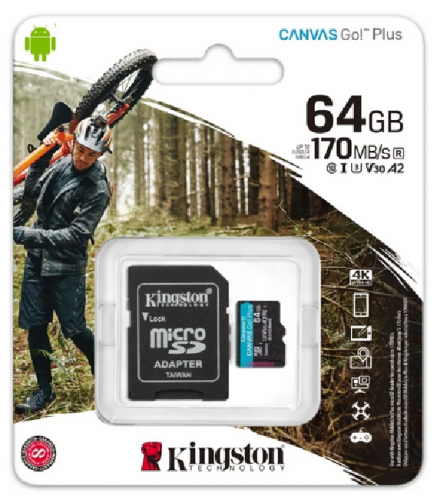 Карта памяти Kingston 64GB microSDXC Canvas Go Plus 170R A2 U3 V30 Card,с адаптером, SDCG3/64GB