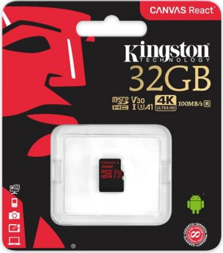 Карта памяти Kingston 32GB microSDHC Canvas React 100R/70W U3 UHS-I V30 A1 No Adapter