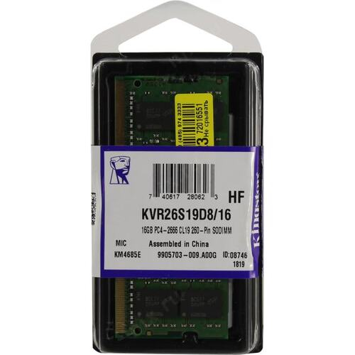 ОЗУ для ноутбука Kingston 16 ГБ SODIMM DDR 4, 2666 МГц, CL19, 1.2,В KVR26S19D8/16
