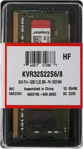 ОЗУ для ноутбука Kingston 8Gb/3200MHz CL22, 1.2V, KVR32S22S6/8