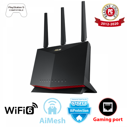 Двухдиапазонный игровой маршрутизатор ASUS RT-AX86U:совместимость с PS 5, AiMesh, 2.5G Ethernet,Adaptive OoS Двухдиапазонный игровой маршрутизатор ASUS RT-AX86U:совместимость с PS 5, AiMesh, 2.5G Ethernet,Adaptive OoS