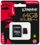 Карта памяти Kingston 64GB microSDXC Canvas React 100R/80W U3 UHS-I V30 A1 Card + SD Adapter