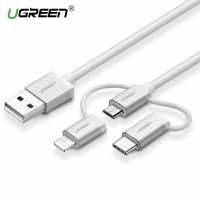 Переходник Ugreen US186 USB 2.0 A To Micro USB+Lightning+Type C (3 in 1) Cable Sliver 1.5M, 50203